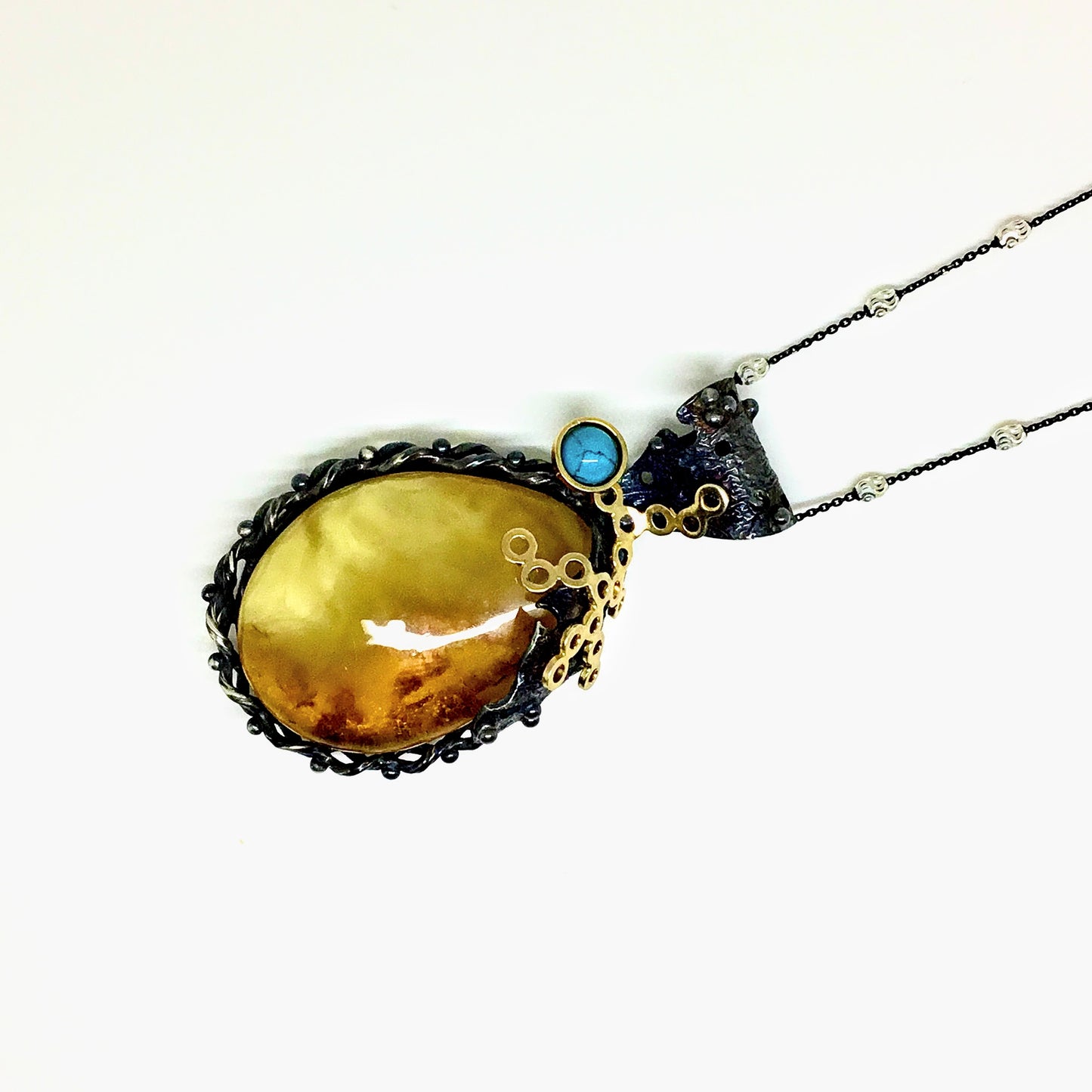 Butterscotch Baltic Amber with Turquoise Hand Made Pendant on Sterling silver Chain