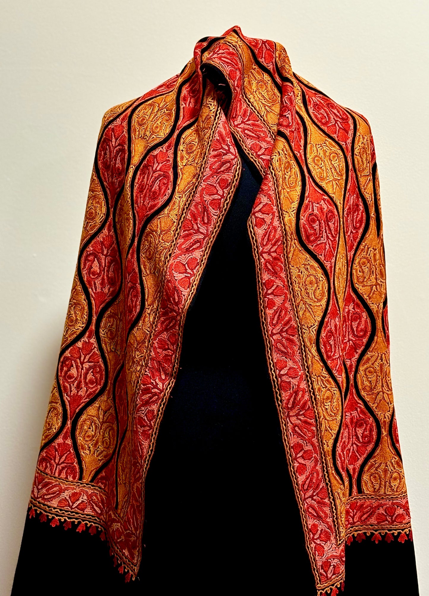 Shawl- Black color Woolen shawl with Red and Yellow Aari embroidery