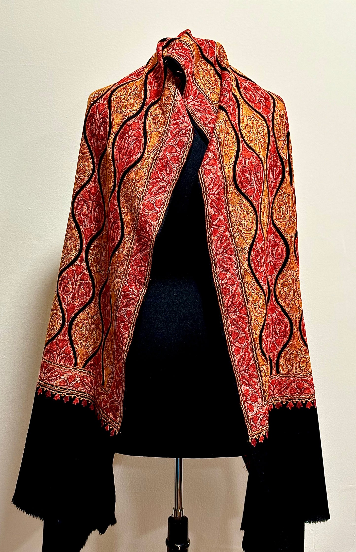 Shawl- Black color Woolen shawl with Red and Yellow Aari embroidery