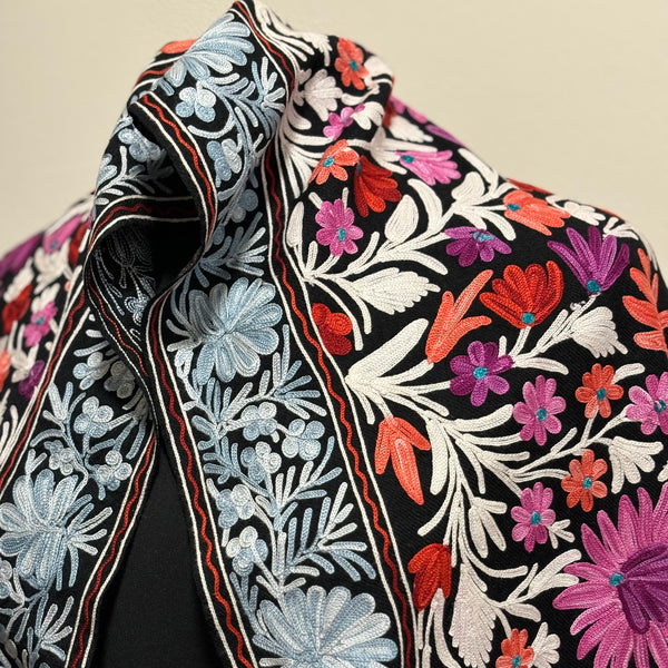 Shawl - Flower Meadow - Black Color Woolen Shawl with multi-color Aari embroidery