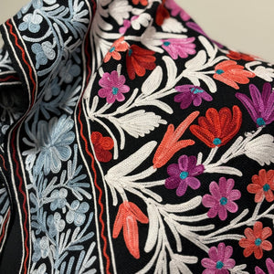 Shawl - Flower Meadow - Black Color Woolen Shawl with multi-color Aari embroidery