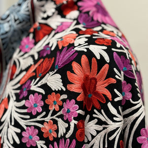 Shawl - Flower Meadow - Black Color Woolen Shawl with multi-color Aari embroidery