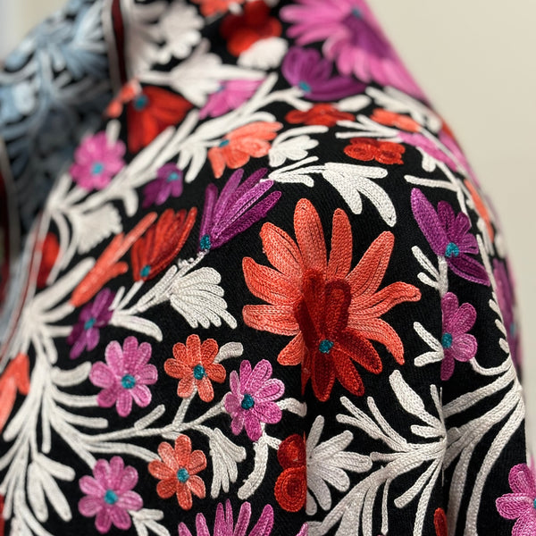 Shawl - Flower Meadow - Black Color Woolen Shawl with multi-color Aari embroidery
