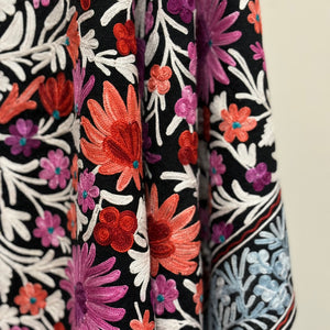 Shawl - Flower Meadow - Black Color Woolen Shawl with multi-color Aari embroidery
