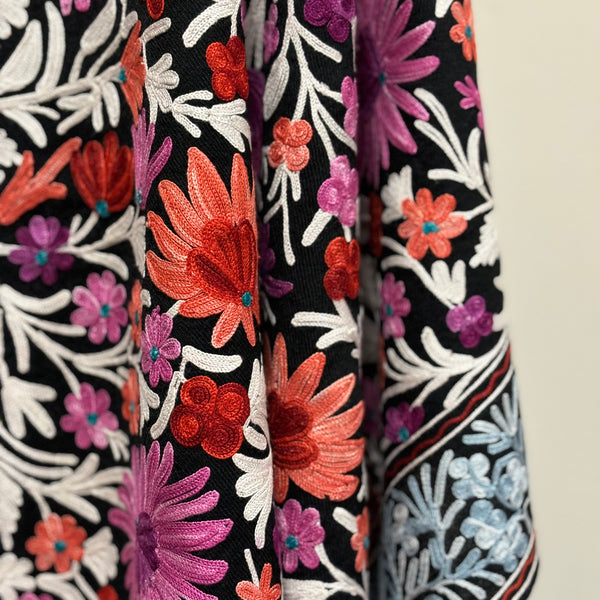 Shawl - Flower Meadow - Black Color Woolen Shawl with multi-color Aari embroidery