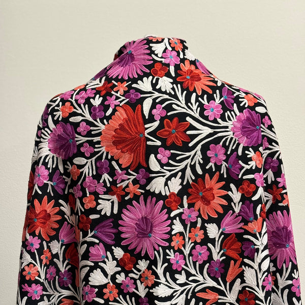 Shawl - Flower Meadow - Black Color Woolen Shawl with multi-color Aari embroidery