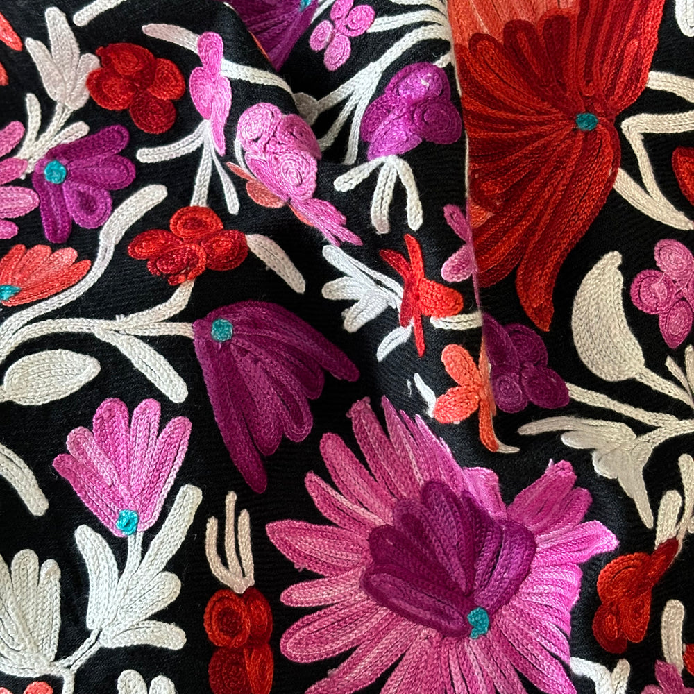 Shawl - Flower Meadow - Black Color Woolen Shawl with multi-color Aari embroidery