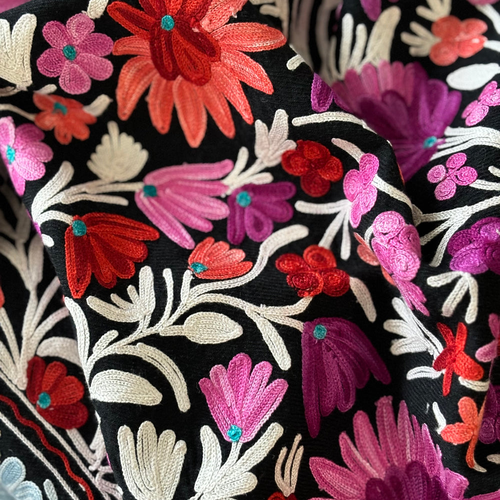 Shawl - Flower Meadow - Black Color Woolen Shawl with multi-color Aari embroidery