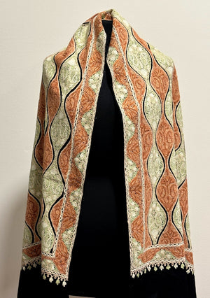 Shawl- Black color Woolen shawl with Light Green, Brown and White Aari embroidery