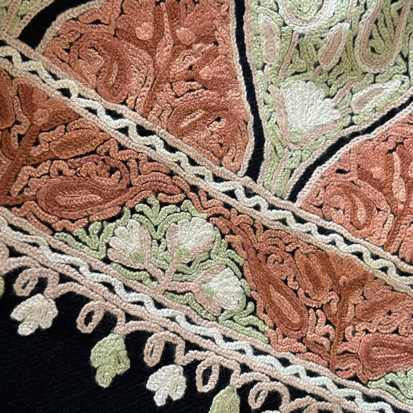 Shawl- Black color Woolen shawl with Light Green, Brown and White Aari embroidery