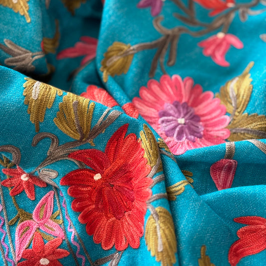 Shawl - Turquoise Dream Wool Embroidered Kashmiri Shawl