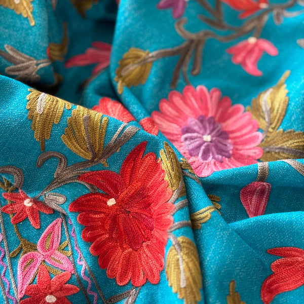 Shawl - Turquoise Dream Wool Embroidered Kashmiri Shawl