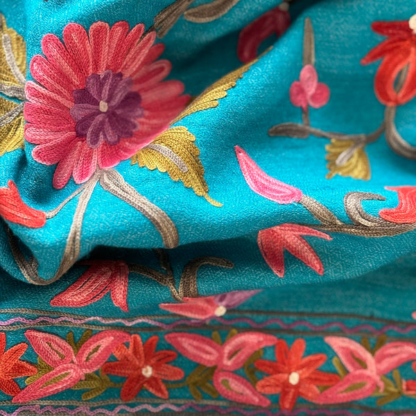 Shawl - Turquoise Dream Wool Embroidered Kashmiri Shawl