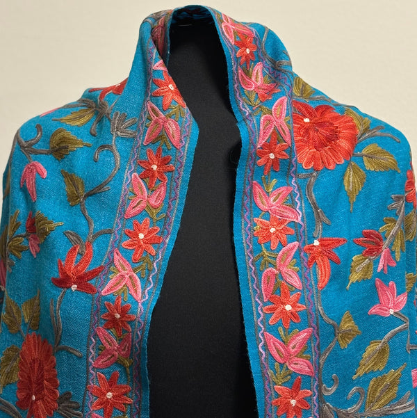 Shawl - Turquoise Dream Wool Embroidered Kashmiri Shawl