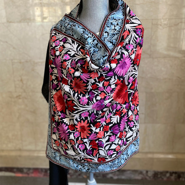 Shawl - Flower Meadow - Black Color Woolen Shawl with multi-color Aari embroidery