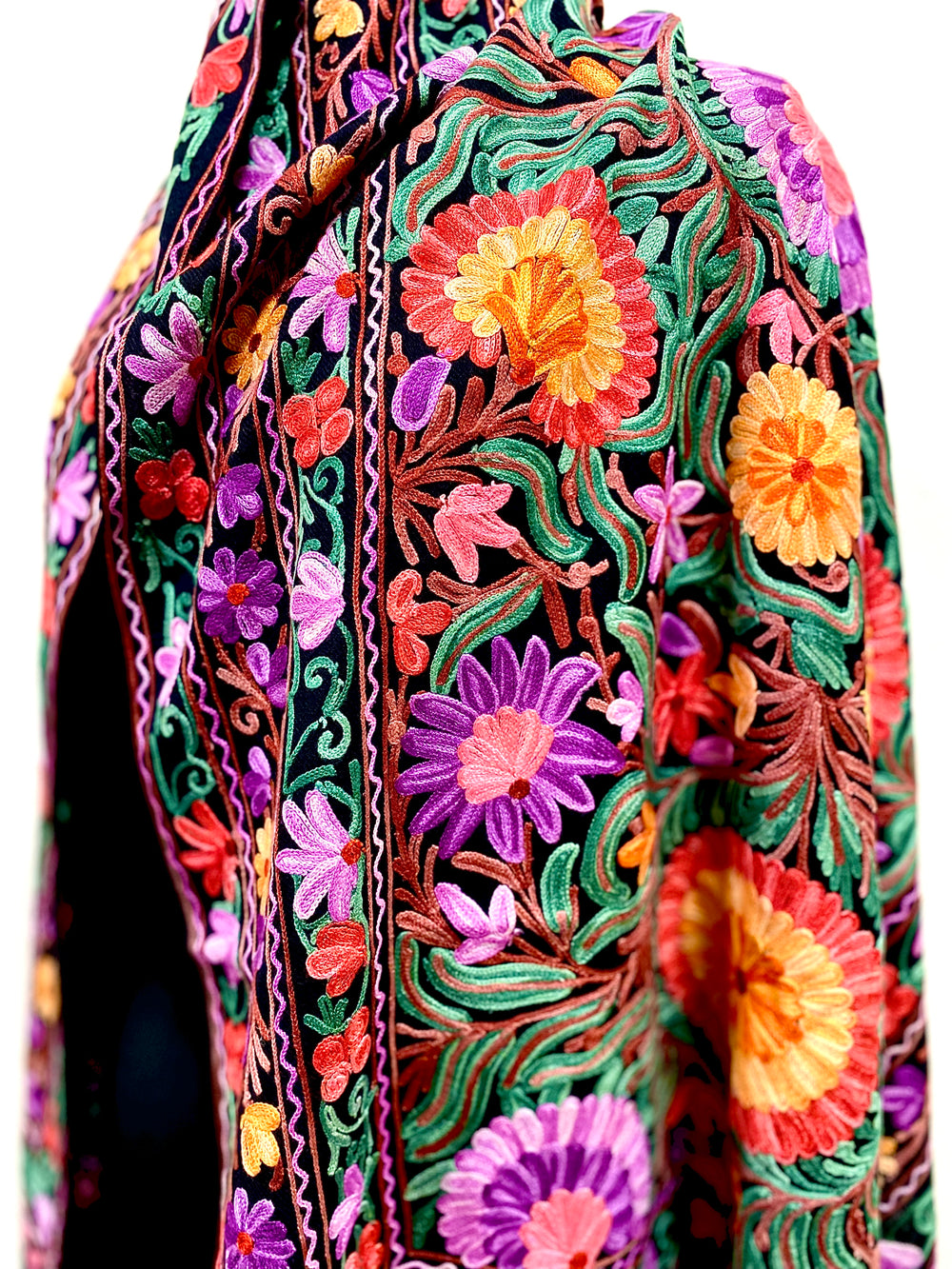 Shawl - Black Color Woolen Shawl with multi-color Aari embroidery