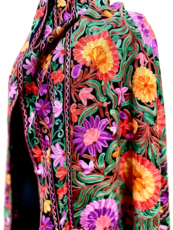 Shawl - Black Color Woolen Shawl with multi-color Aari embroidery