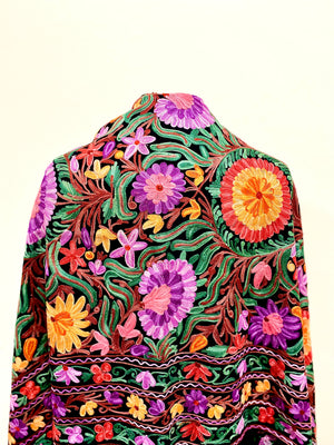 Shawl - Black Color Woolen Shawl with multi-color Aari embroidery