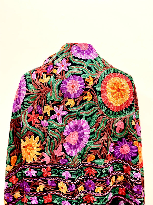 Shawl - Black Color Woolen Shawl with multi-color Aari embroidery