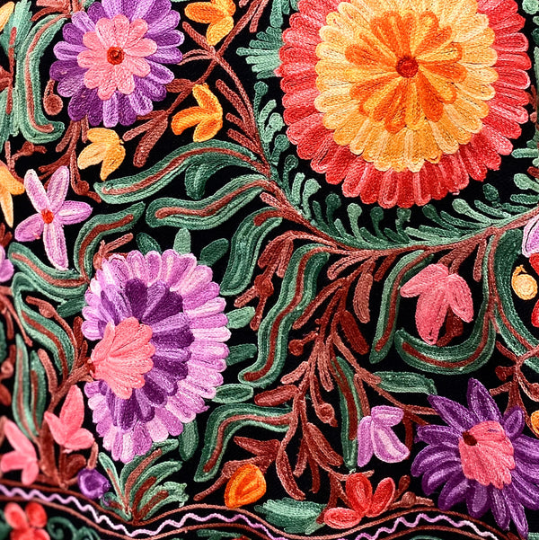 Shawl - Black Color Woolen Shawl with multi-color Aari embroidery