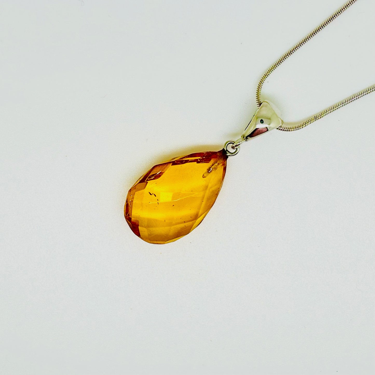 Baltic Amber Yellow Color Faceted Pendant on a Sterling Silver Chain