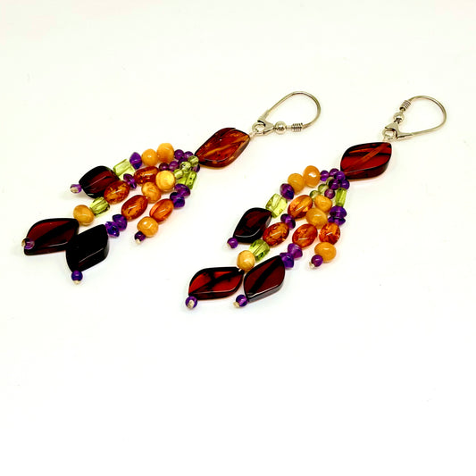 Multi Color Baltic Amber Peridot and Amethyst Bead Earrings