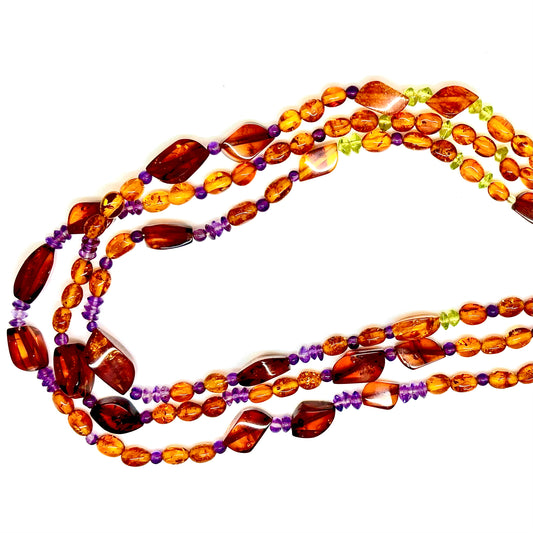 Multi color Baltic Amber Peridot and Amethyst Beaded Necklace