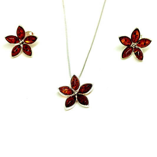 Cognac Color Baltic Amber Flower Pendant Necklace and Earrings Set