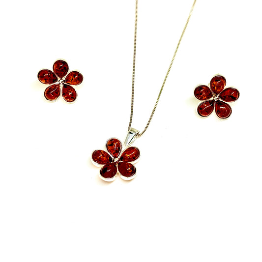 Cognac Baltic Amber Flower Pendant Necklace/Earrings set