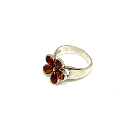 Cognac Color Baltic Amber Flower Ring