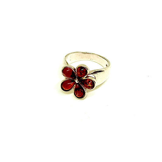 Cognac Color Baltic Amber Flower Ring