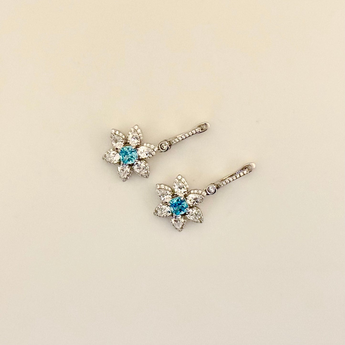 Blue and Clear CZ Flower Earrings