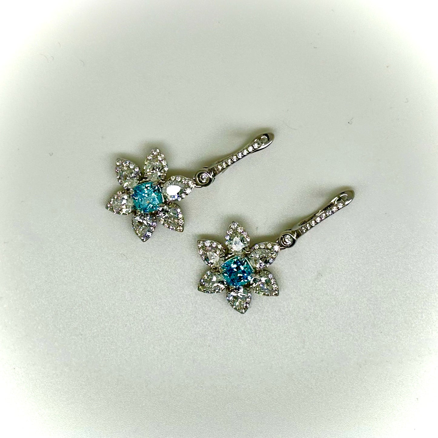 Blue and Clear CZ Flower Earrings