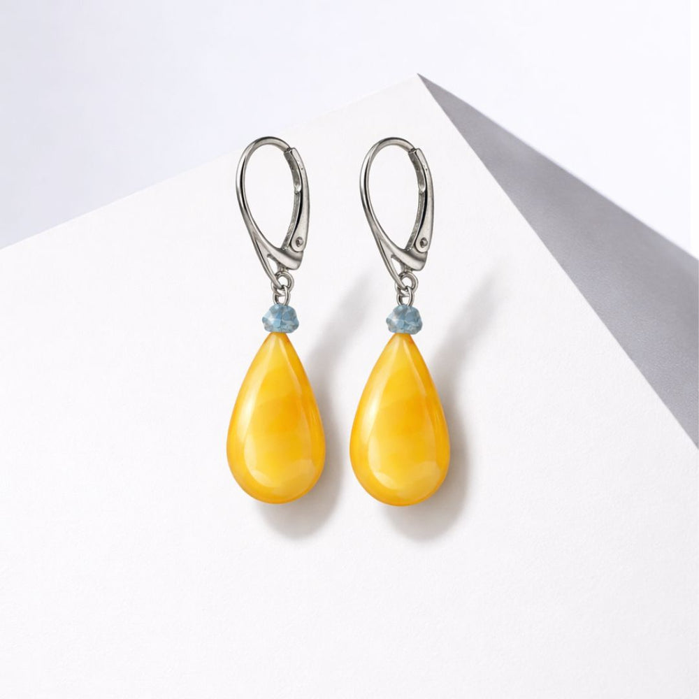 Milky Baltic Amber And Aquamarine Drop Earring