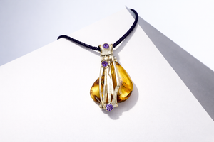 Handmade One Of A Kind Cognac Baltic Amber And Amethyst Pendant Necklace
