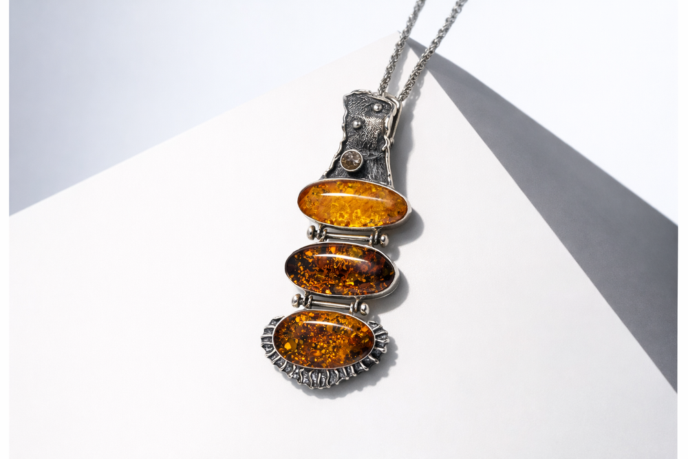 Green Baltic Amber 3 Stone Oxidized Silver Pendant Necklace