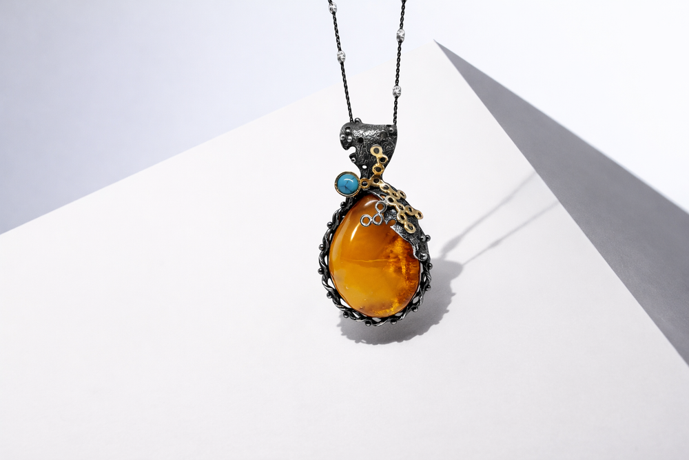Handmade One Of A Kind Butterscotch Baltic Amber With Turquoise Pendant Necklace