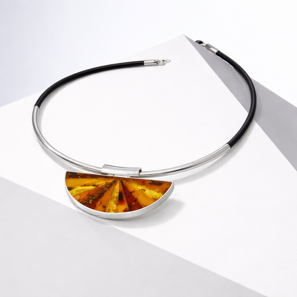 Multicolor Baltic Amber Half Circle Pendant On Leather Choker
