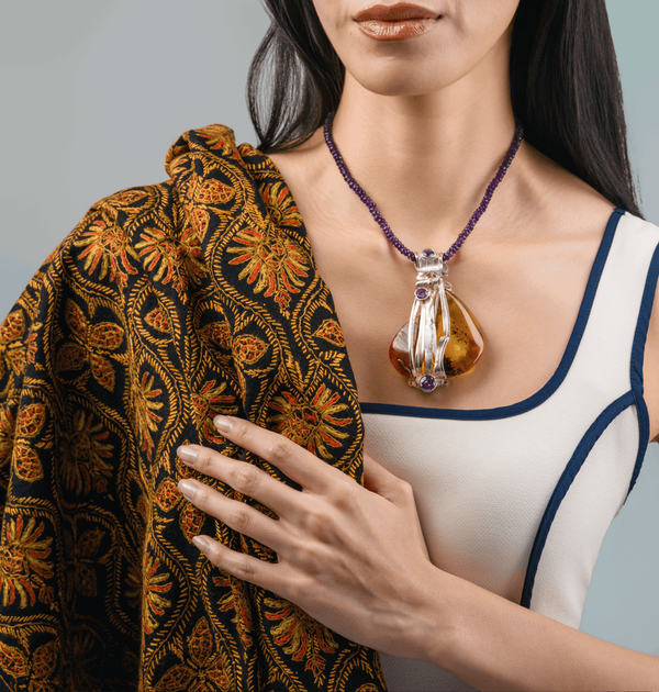 Handmade One Of A Kind Cognac Baltic Amber And Amethyst Pendant Necklace
