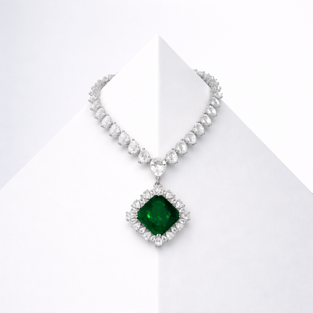 Sterling Silver Green And Clear Cz Statement Necklace