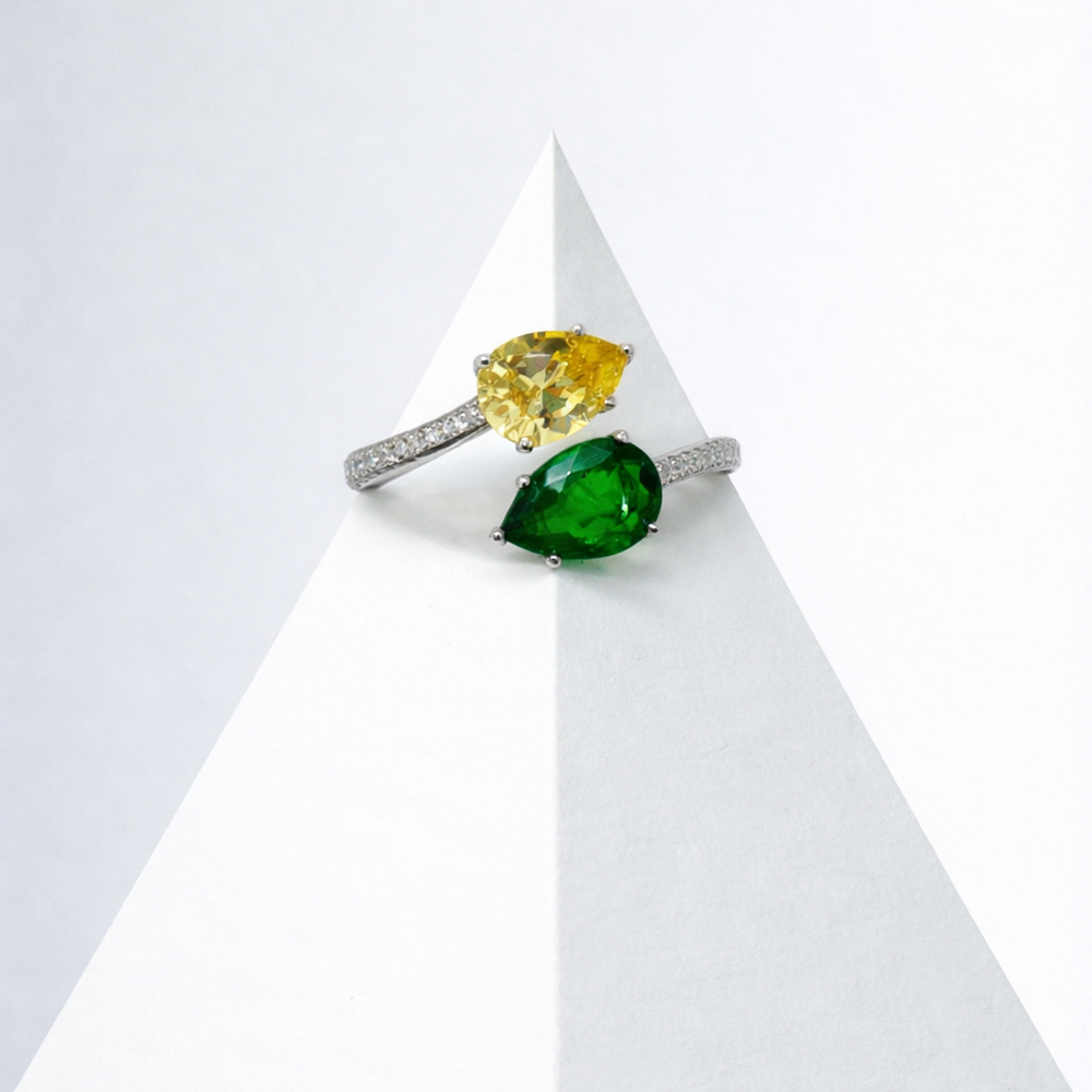 Sterling Silver Green And Yellow Cubic Zirconia Ring