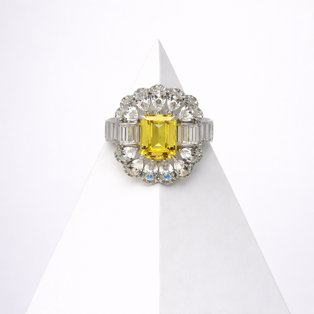 Sterling Silver Large Yellow Cubic Zirconia Ring