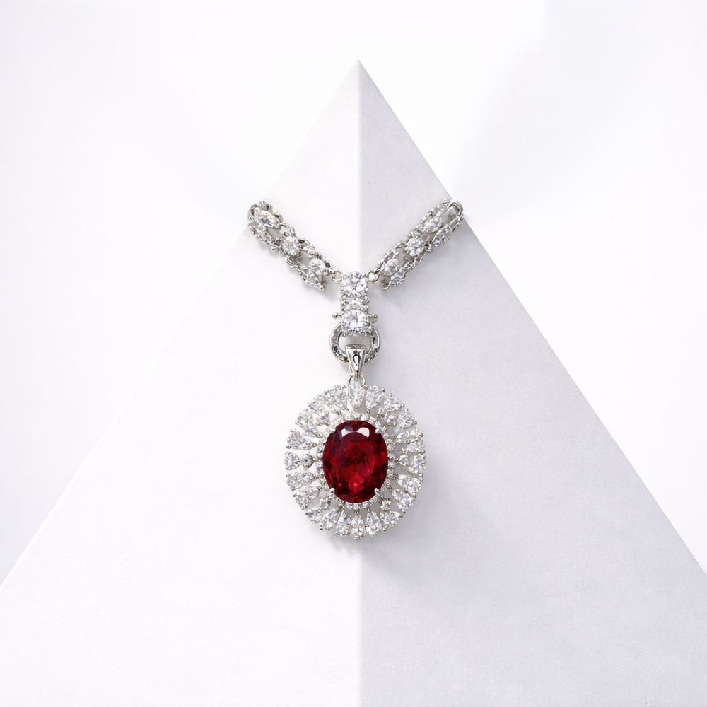 Sterling Silver Ruby Red Cz Statement Necklace