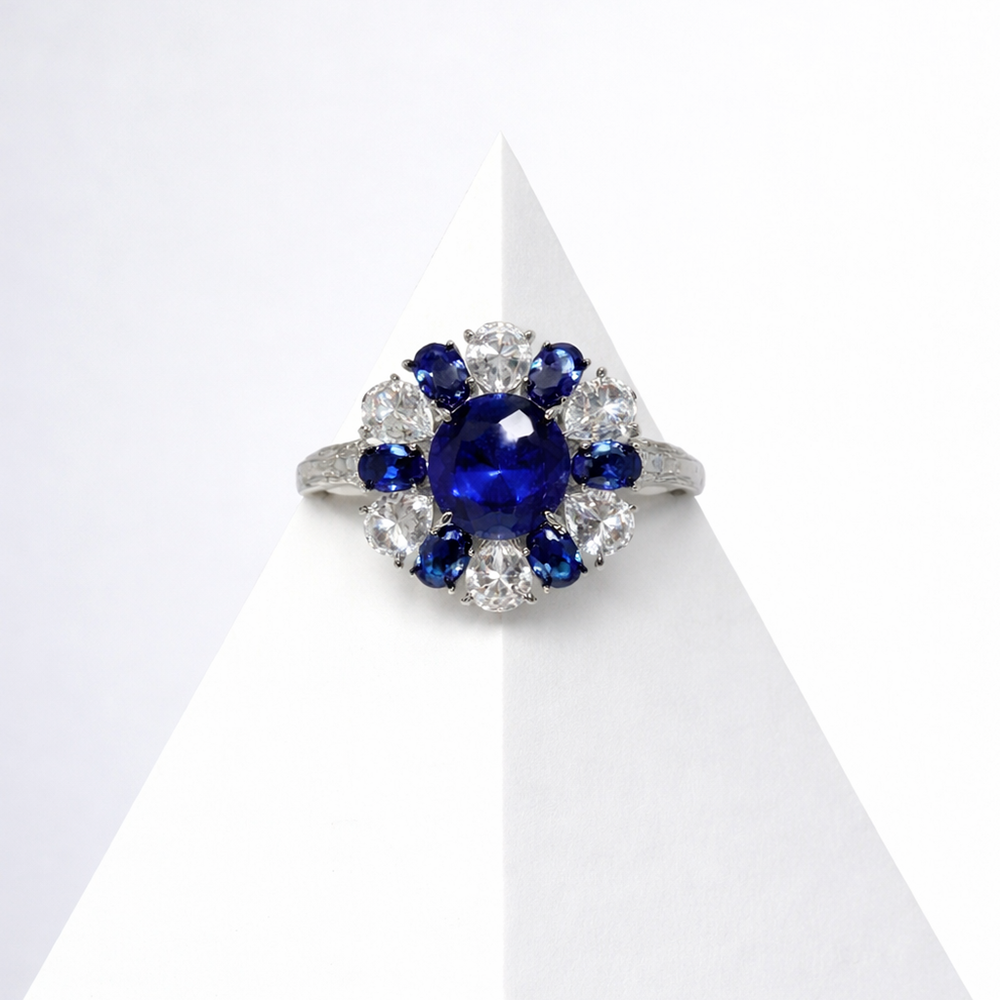 Sterling Silver Sapphire Blue Cubic Zirconia Flower Ring