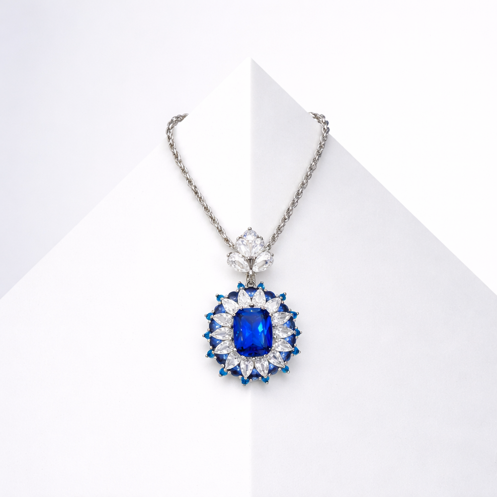 Sterling Silver Sapphire Blue Cz Pendant Necklace