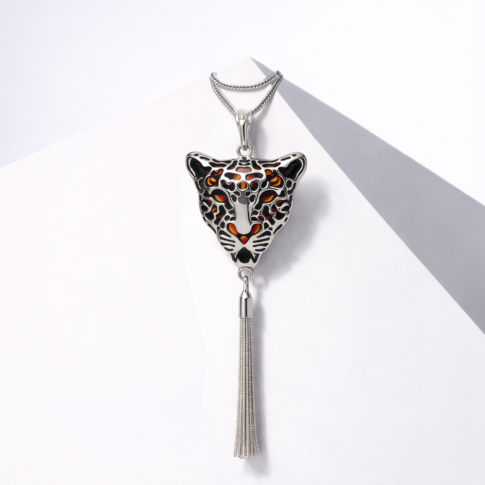 Cognac Baltic Amber Sterling Silver Jaguar Tassel Pendant Necklace