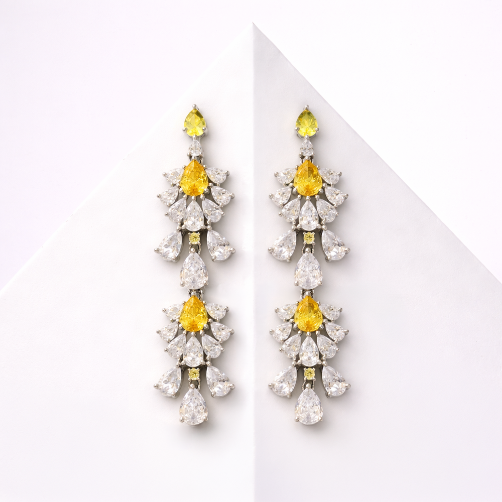 Yellow And Clear Cz Flower Chandelier Earrings