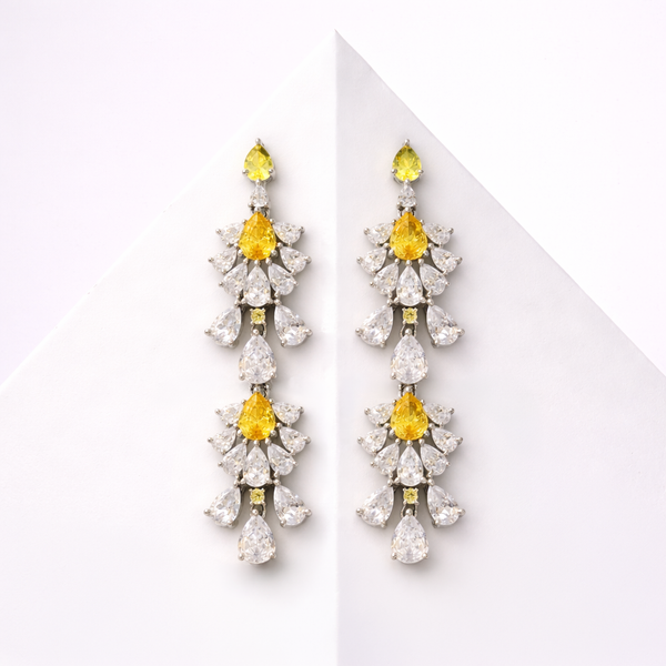 Yellow And Clear Cz Flower Chandelier Earrings