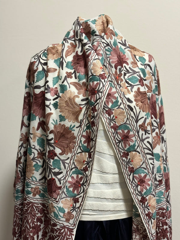 Ivory Color Shawl with Multi Color Aari Embroidry